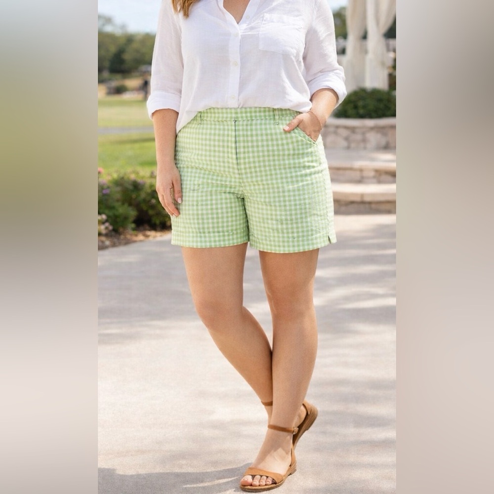Old Navy Pixie Shorts Womens Green Gingham High Rise Secret Smooth Stretch Sz 14